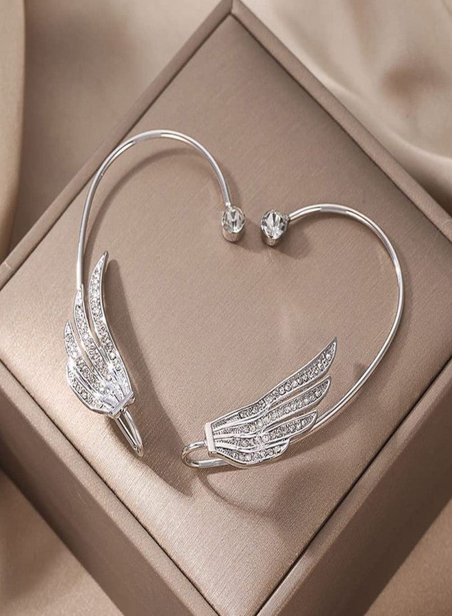 Rannyrena Elegant Rhinestone Butterfly Flower Tassel Ear Cuffs Fairy Wheat Wing Ear Wrap Non-pierced Wedding Bridal Clip on Earrings Costume Accessories for Women (Silver wing) - Image 3